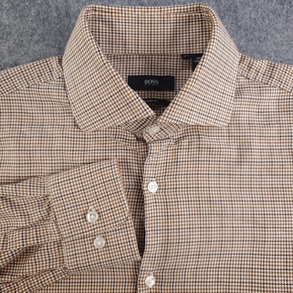 Hugo‎ Boss Dress Shirt Mens 15.5 34/35 Sharp Fit Brown Black Houndstooth Check